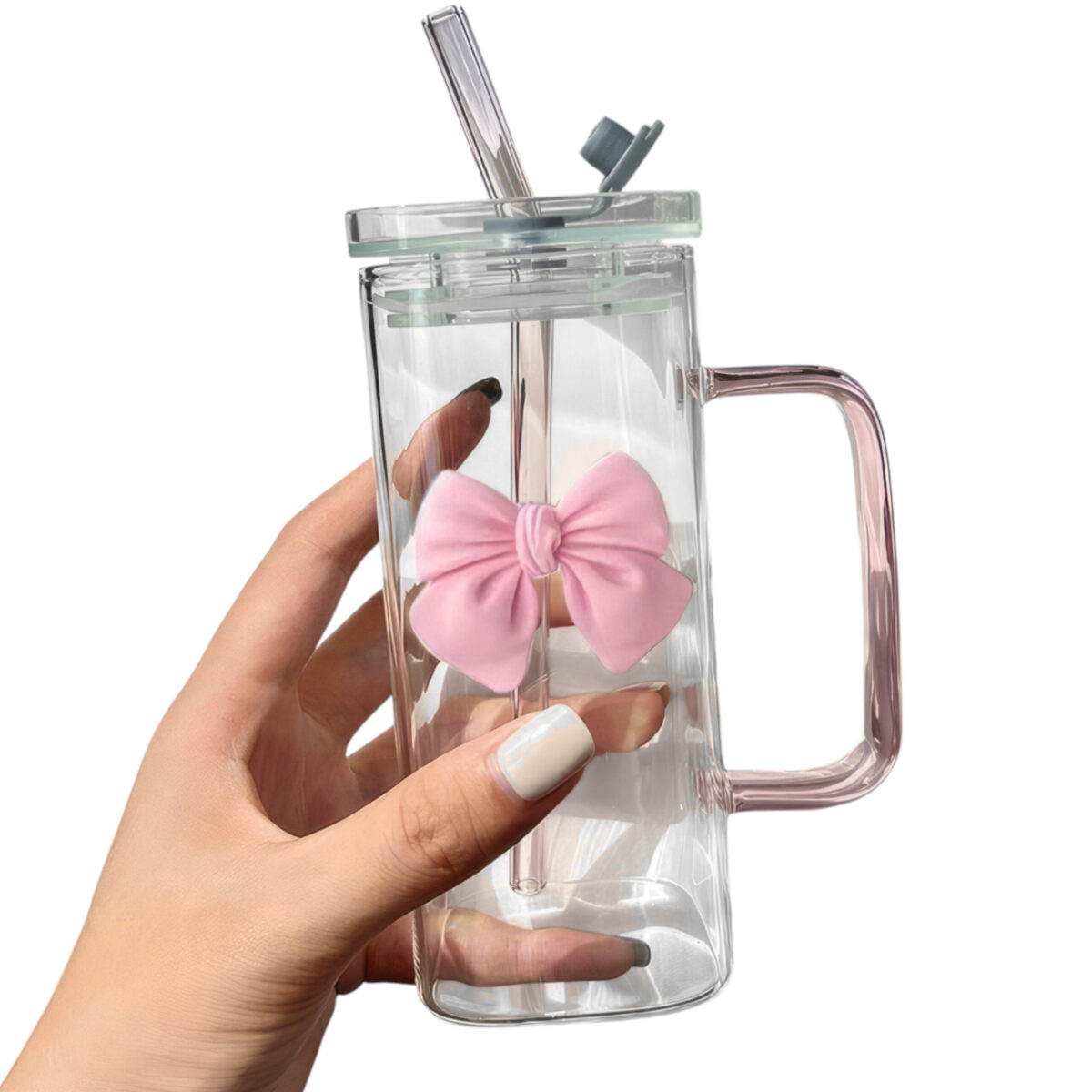 Szklanka do Napojów Smoothie Kubek ze Słomką z Przykrywką Szkło 320ml - obrazek 1