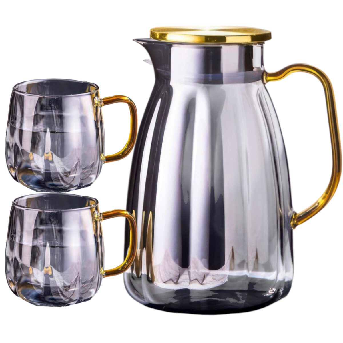 DZBANEK-RYFLOWANY-Z-FALOWANYMI-SCIANKAMI-ZE-ZLOTA-POKRYWKA-2-SZKLANKI-Marka-Ecarla-Photoroom Szklany Dzbanek 1600ml i Szklanki 350ml Zestaw do Napojów Opalizujący Komplet - obrazek 1