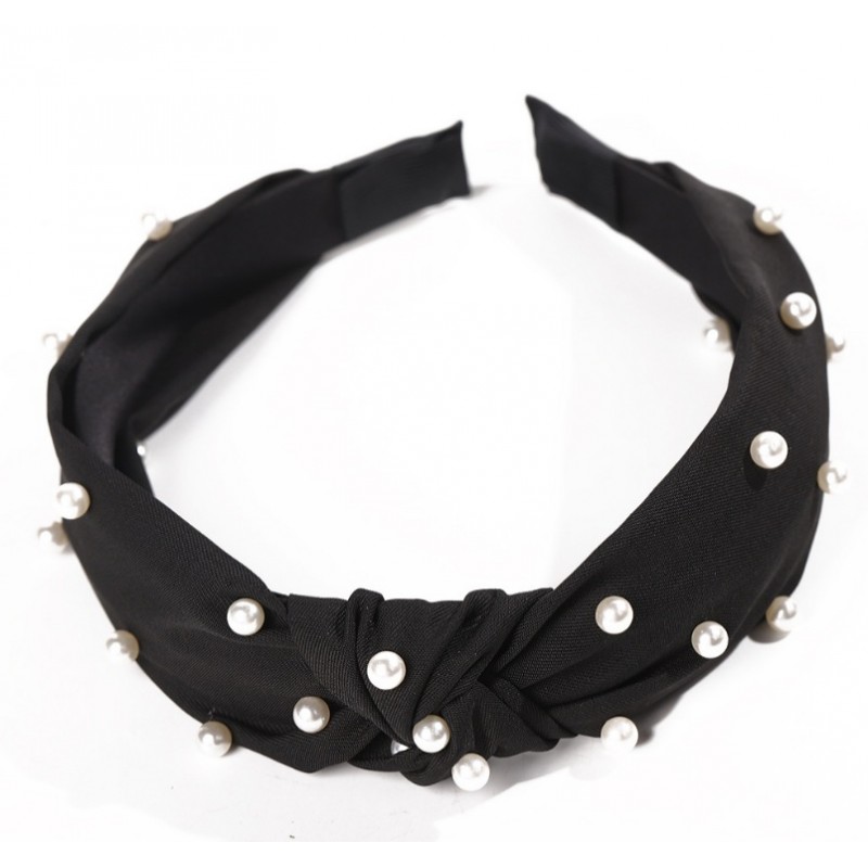 opaska-turban-z-materialu-gruba-czern-perelki-o227cz Opaska turban z materiału gruba czerń perełki O227CZ - obrazek 1