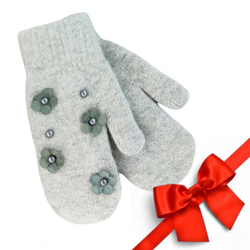 rekawiczki-cute-kwiaty-i-perelki-szare-rek128 RĘKAWICZKI CUTE KWIATY I PEREŁKI SZARE REK128 - obrazek 1
