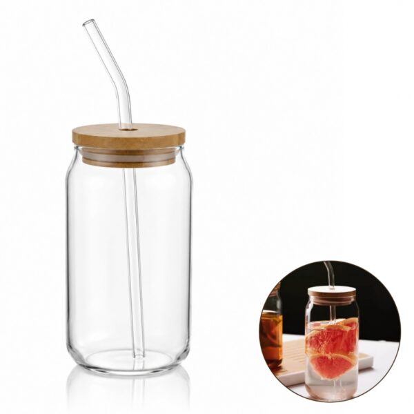 Szklanka 350ml z rurka i drewnianą przykrywka 1szt. do kawy, koktajli SZK210