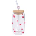 Szklanka, różowe kokardki z cyrkoniami - z rurką i bambusową pokrywką 460 ml - SZK135 - obrazek 2