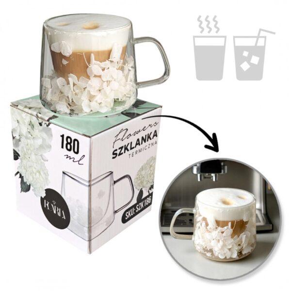 Szklanka termiczna z białymi kwiatami w środku, hortensje 180 ml 1szt - SZK186