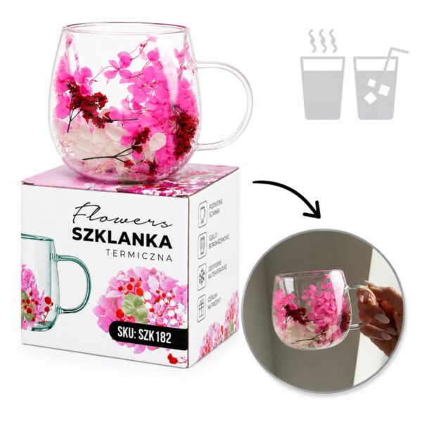 Szklanka termiczna z kwiatami w środku, gipsówka hortensje róż 300 ml 1szt SZK182