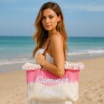 TORBA PLAŻOWA wakacyjna BOHO z frędzlami różowa ombre, na zakupy TP14R - obrazek 2
