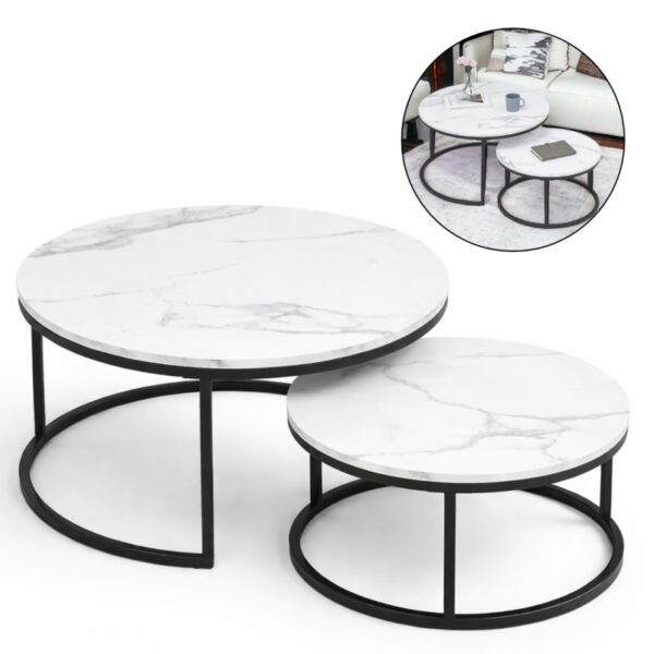 Zestaw okrągłych stolików kawowych 2w1 biały marmur 60 i 80 cm STL14