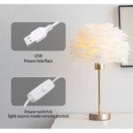 Elegancka lampa nocna stołowa z kloszem z białych piór ściemniacz 3 kolory świecenia USB OZD12 - obrazek 4