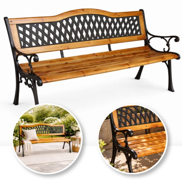 Ławka ogrodowa z oparciem, parkowa, metalowa z PCV, drewniana 125x52x74CM LAW03