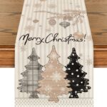 Lniany bieżnik na stół bożonarodzeniowy, MARRY CHRISTMAS, choinki 180 x 33cm BZK07