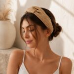 Opaska do włosów, turban BOHO wiklinowa pleciona, kremowa, brązowa O286BR - obrazek 2
