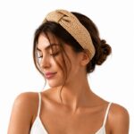 Opaska do włosów, turban BOHO wiklinowa pleciona, kremowa, brązowa O286BR - obrazek 3