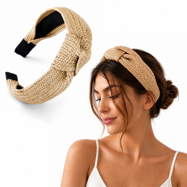Opaska do włosów, turban BOHO wiklinowa pleciona, kremowa, brązowa O286BR