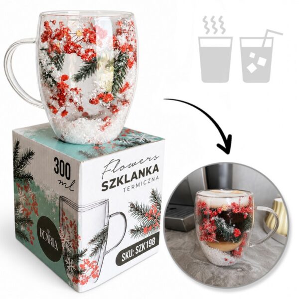 Szklanka termiczna z kwiatami w środku, akcenty świąteczne, śnieg 300 ml 1szt SZK198